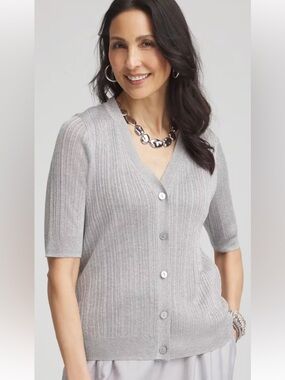 Chico’s Dove Grey and Silver Short Sleeve Cardigan Sz XL NWT